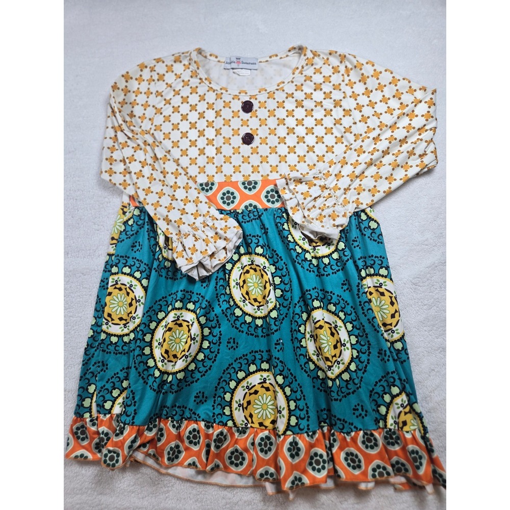 Adorable Sweetness Girls Mixed Print Mandala Ruffle Dress Teal Orange Size 12